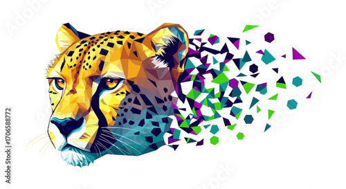 Abstract Cheetah Head Disintegrating into Colorful Geometric Shapes