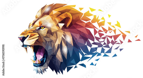 Abstract vector art of a snarling lion's head morphing into a complex geometric pattern, isolated on white background.