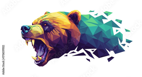 Abstract vector art of a snarling bear's head morphing into a complex geometric pattern, isolated on white background.