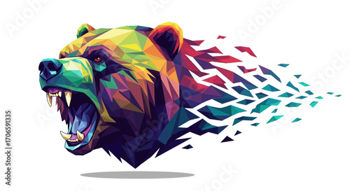 Abstract vector art of a snarling bear's head morphing into a complex geometric pattern, vibrant colors, low poly style, isolated on white background.