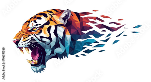 Abstract vector art of a snarling tiger's head morphing into a complex geometric pattern, vibrant colors, low poly style, isolated on white background.