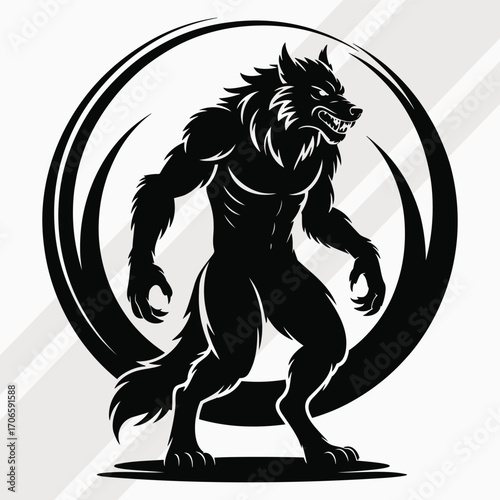 Fierce silhouette werewolf creature standing confidently within a circular frame design