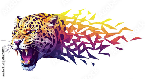 Abstract vector art of a snarling leopard's head morphing into a complex geometric pattern, isolated on white background.