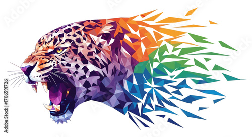 Abstract vector art of a snarling leopard's head morphing into a complex geometric pattern, vibrant colors, low poly style, isolated on white background.