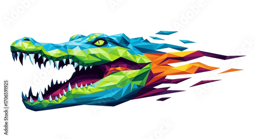 Abstract vector art of a snarling croc's head morphing into a complex geometric pattern, isolated on white background.