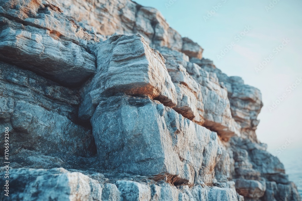 Fototapeta premium Close-up view of layered rock formations on a cliff face, near the ocean.