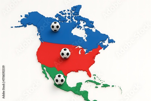 Minimalist map highlighting USA, Mexico, and Canada with soccer icons, concept of 2026 World Cup hosts.
