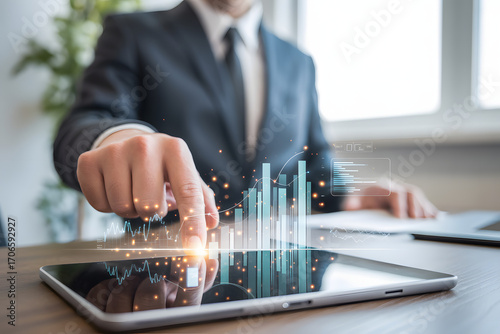 Business Growth Analysis: A well-dressed individual meticulously analyzes intricate digital charts on a tablet, epitomizing modern business insight and data-driven strategies.