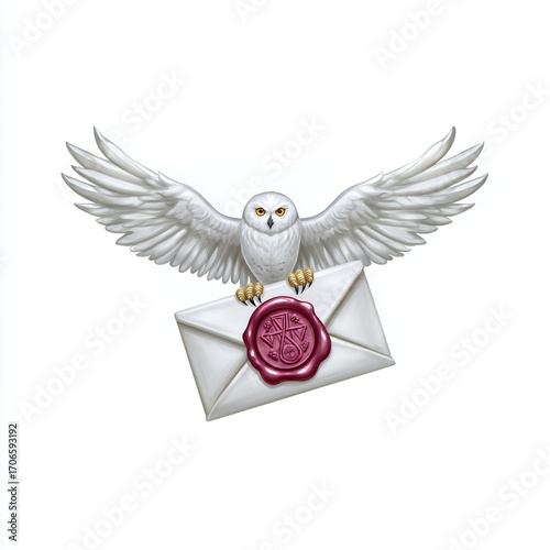 White Owl Delivering Envelope with Burgundy Seal