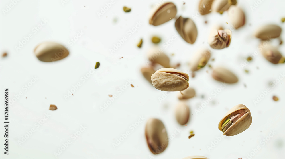 Obraz premium Falling pistachios isolated on white, Multiple pistachios falling in midair, captured with motion, isolated on a clean white background.