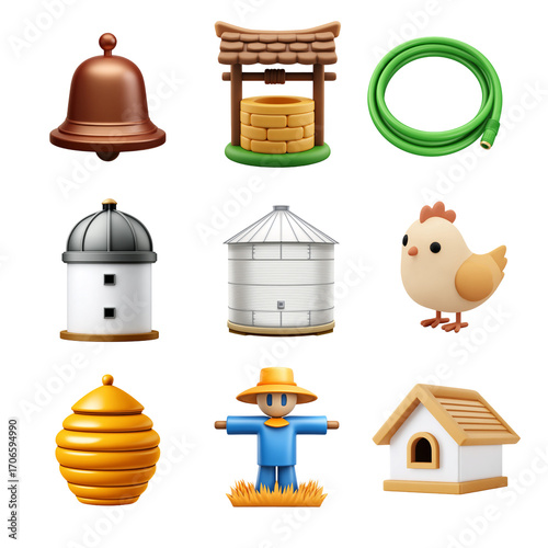 A collection of farming emojis depicting a bell, well, chicken, corn, and more, symbolizing countryside life and agriculture.