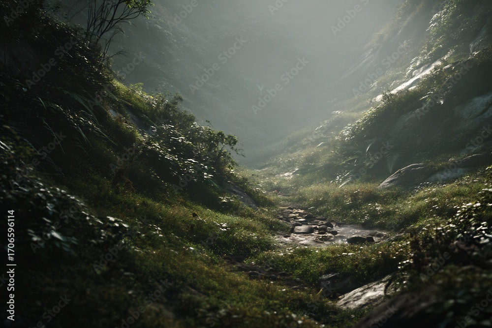 Fototapeta premium A misty valley with a stream flowing through it surrounded by lush green vegetation and rocky terrain