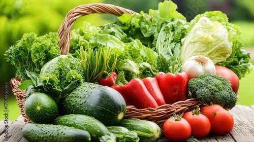 A vibrant basket overflowing with fresh vegetables, including lettuce, peppers, cucumbers, and tomatoes, set against a blurred garden backdrop, Ideal for health, cooking, or organic food themes,