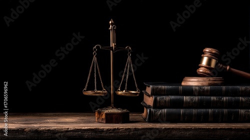 A set of legal scales and a gavel accompany stacked law books, symbolizing justice and legal practice, This image is ideal for law firms, legal studies, and articles related to justice,