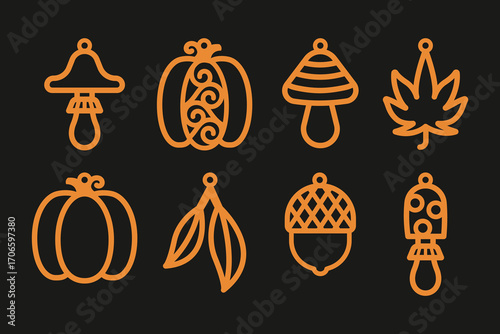 Set of 8 vector autumn designs for earrings, pendant or keychain. Fall jewelry cutting template with pumpkin, leaves, mushroom, acorn. Laser cut with leather, wood or metal. Hanging bijouterie stencil
