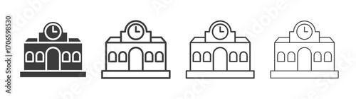 Train station building vector icon set in black and white color.