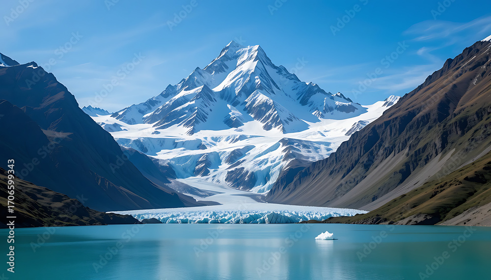 Obraz premium Snow-capped mountain dominates the landscape, reflected in the tranquil lake, framed by mountains under a clear blue sky.