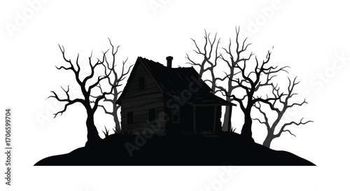 haunted house surrounded by eerie trees under moonlight