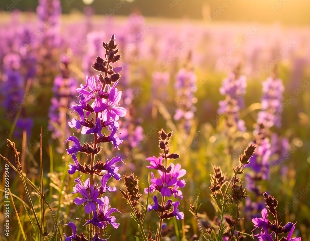Obraz premium Purple wildflowers bathed in golden sunlight