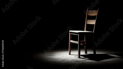 Empty wooden chair in spotlight