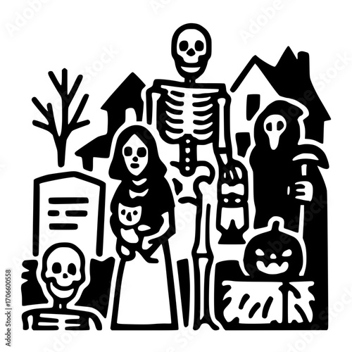 Spooky Halloween characters celebrate with pumpkin and graveyard