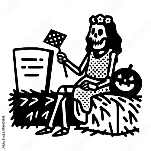 Dia de Muertos skeleton queen celebrates harvest with pumpkin