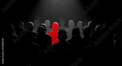 A dense crowd of matte black silhouettes, with a striking red figure in sharp contrast under a spotlight, emphasizing the peril of insider threats in data environments