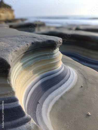 Striking natural formations showcase layered sand and rock structures along the coastline, perfect for use in travel, nature articles, or as a serene background for creative projects,