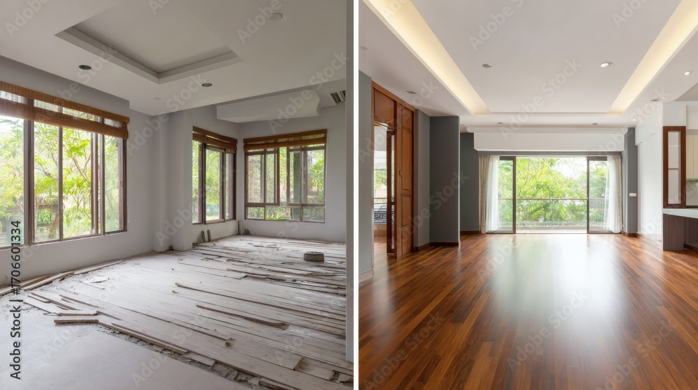 Obraz premium Interior renovation progress comparison, showing a simple room transformation with ambient lighting.