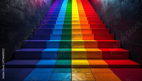 Camera moving upwards following the rainbow stairs leading to the top; surreal fantasy staircase with vibrant colors, cinematic perspective, and dramatic lighting