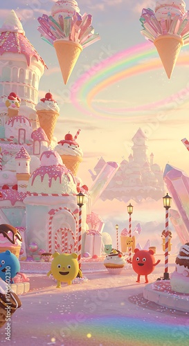 Whimsical candy land castle with playful characters and sweet treats under a rainbow sky