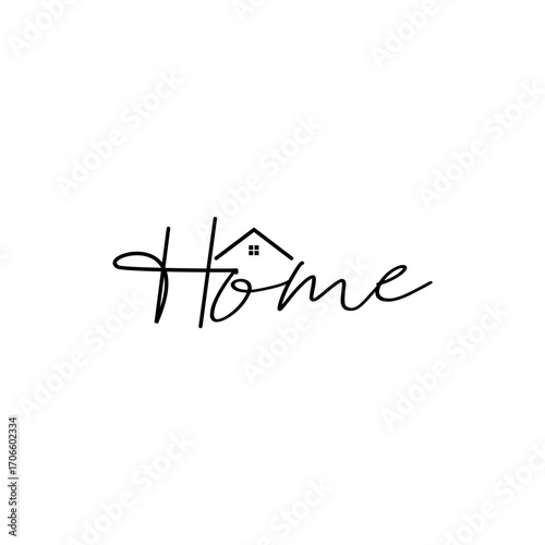Elegant line art logo with the word "Home," where the letter "o" is styled as a house roof and window, symbolizing comfort, family, and living spaces.