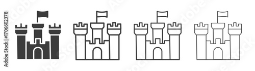 Castle vector icon set in black and white color.