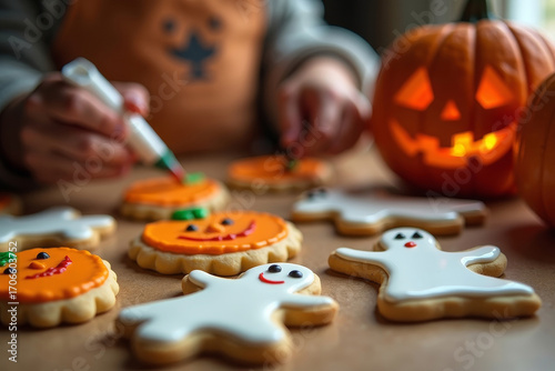 Children decorating cookies with Halloween icing. Happy kids making festive spooky sweets. Holiday baking activity.