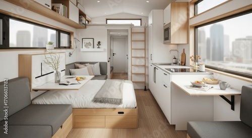 Interior walkthrough of a compact prefab tiny home featuring spacesaving furniture and multifunctional design tailored for urban living.