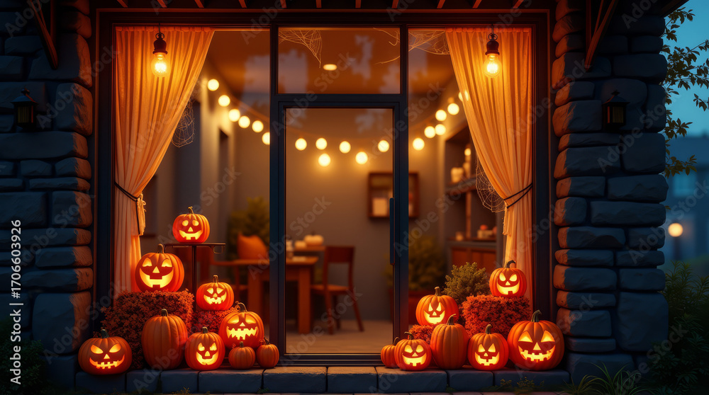Obraz premium Halloween cafe facade with pumpkins and lights. Spooky night restaurant with festive design. Autumn holiday shop.
