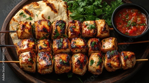 Grilled Paneer Skewers with Flatbread and Salsa on Platter