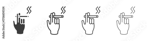 Hand holding cigarette vector icon set in black and white color.