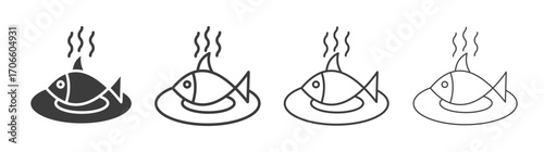 Cooked Fish vector icon set in black and white color.