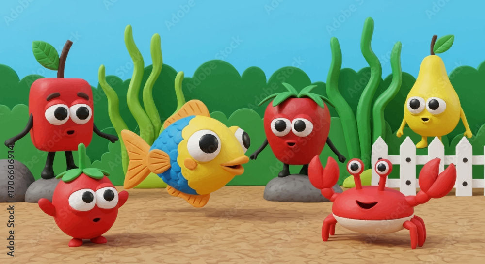 Fototapeta premium Playful Fruit and Sea Creature Friends in a 3D Cartoon World