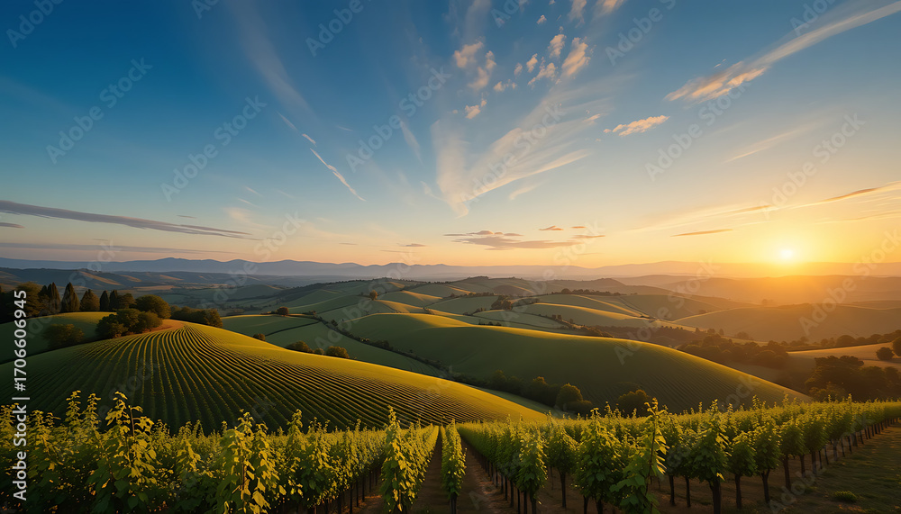 Fototapeta premium Panoramic view of rolling hills covered in vineyards at sunrise.