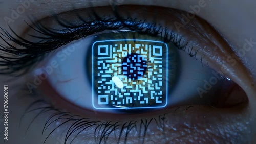 Close-Up of Human Eye Reflecting Blue QR Code on Cornea in Low Light