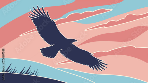 Majestic eagle flying soaring through the sky vector illustration graphic design artwork background scene art