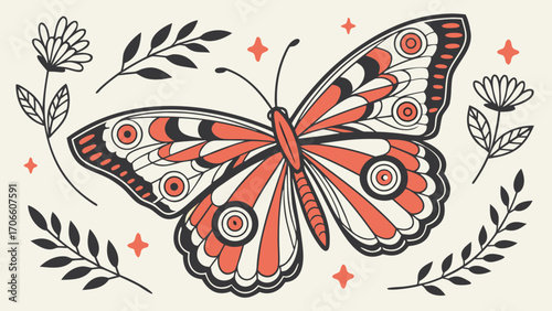 Beautiful butterfly illustration with floral elements and stars vector design nature insect art drawing 100