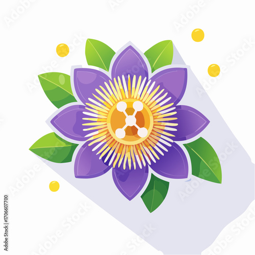Purple Passion Flower with Yellow Accents and Green Leaves