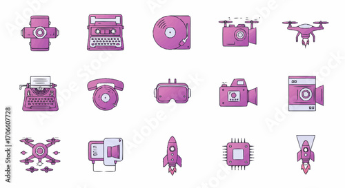 Technology icon pack with vintage and modern gadgets. Vector illustration set including drone, camera, rocket, and typewriter symbols for design