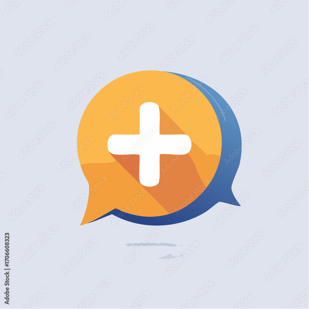 Fototapeta premium Yellow Chat Bubble With White Plus Sign On Light Blue Background