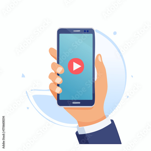 Hand Holding Smartphone with Play Button on Blue Screen