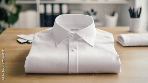 long-sleeved button-down shirt, folded on a wooden table generative ai
