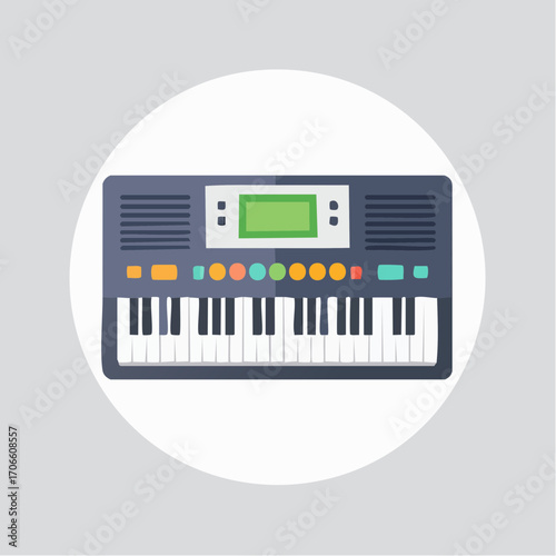 Electronic Keyboard Musical Instrument on White Circle and Gray Background